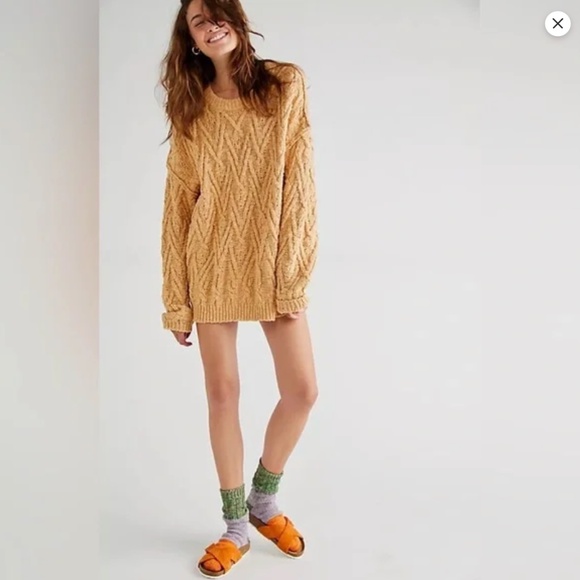 Free People Sweater L Isla Cable Knit Tunic Oversized Slouchy Boho Fisherman Tan - Picture 13 of 13